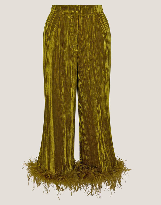Olivia Feather Cuff Velvet Trousers, Green (OLIVE), large