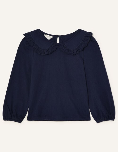 Broderie Collar Top, Blue (NAVY), large