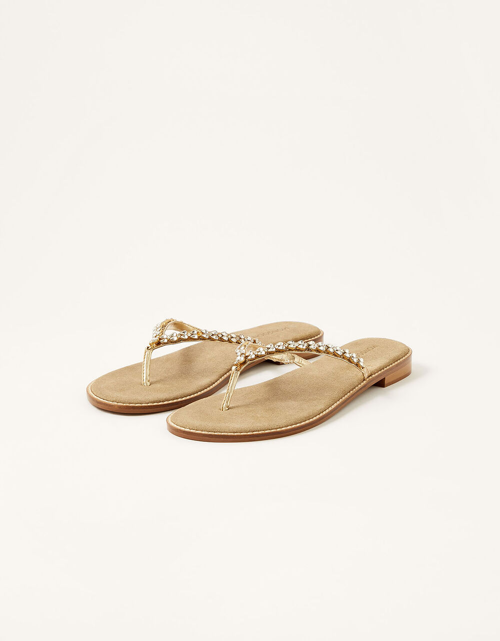 Embellished Leather Flip Flops Gold