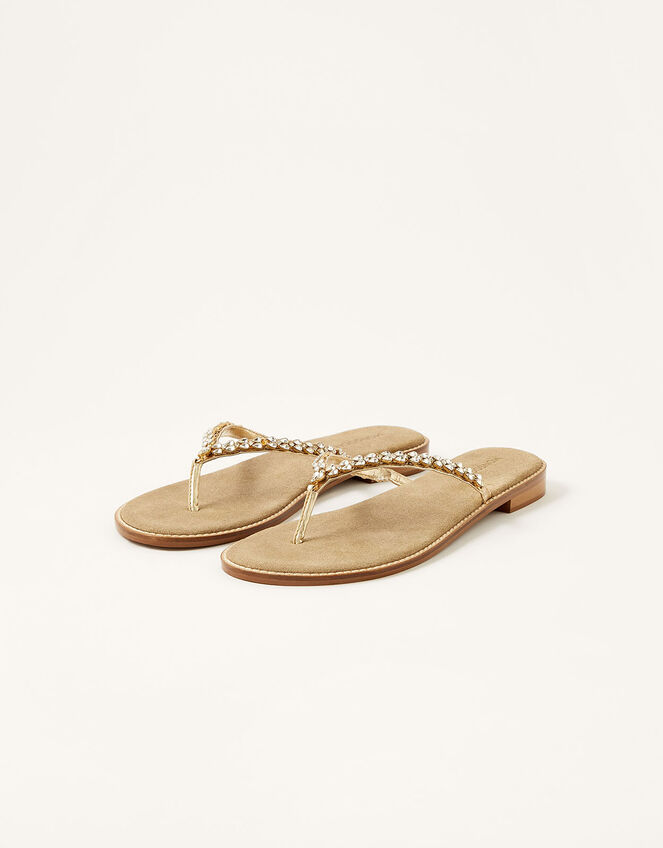 Embellished Leather Flip Flops, Gold (GOLD), large