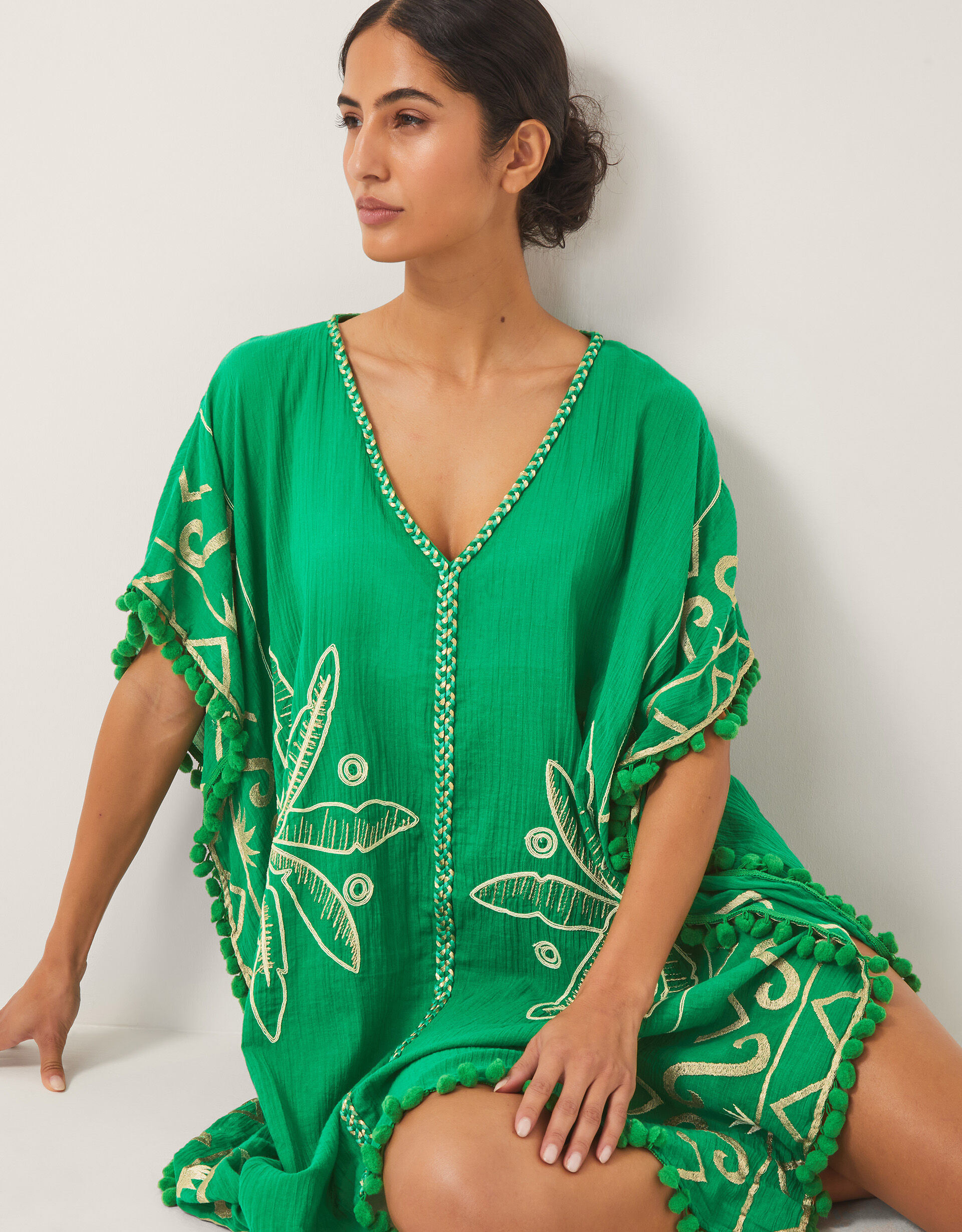 Robe Caftan Femme 100% Coton - Imprimé Floral, Encolure En V, Manches Courtes, Taille Plus, Style Bohème - 4