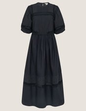 Odilia Broderie Puff-Sleeve Midi Dress, Black (BLACK), large