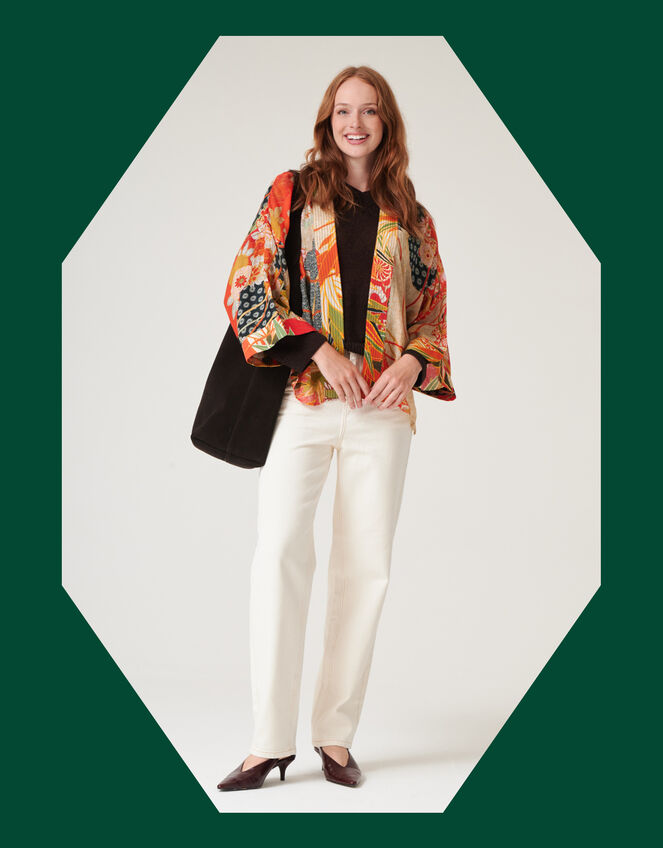 One Hundred Stars Fan Print Short Kimono, , large