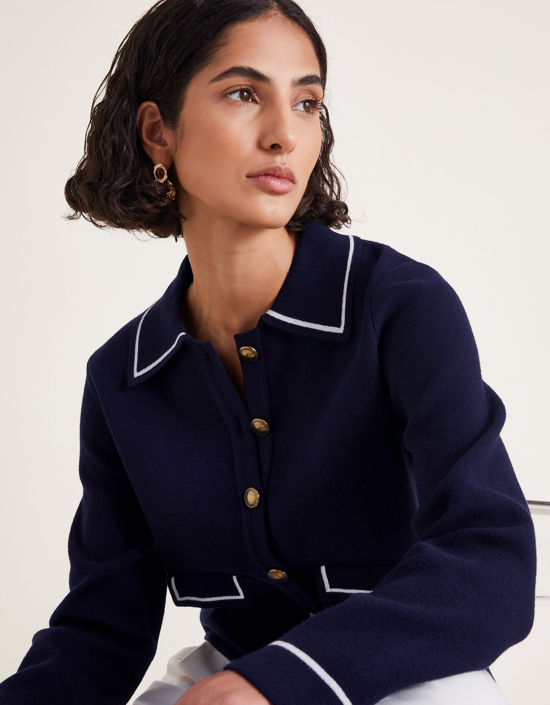 big ribbon collar knit navy×ice blue Nicki Collar Knit Jacket Blue
