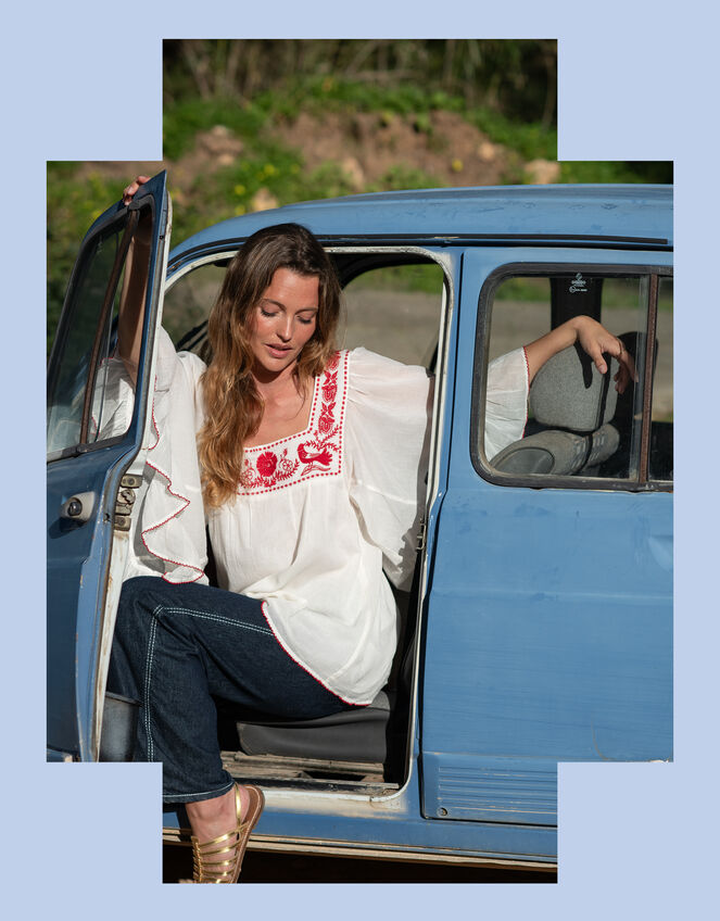 La Galeria Elefante Silver Embroidered Square Neck Top, White (OFF WHITE), large