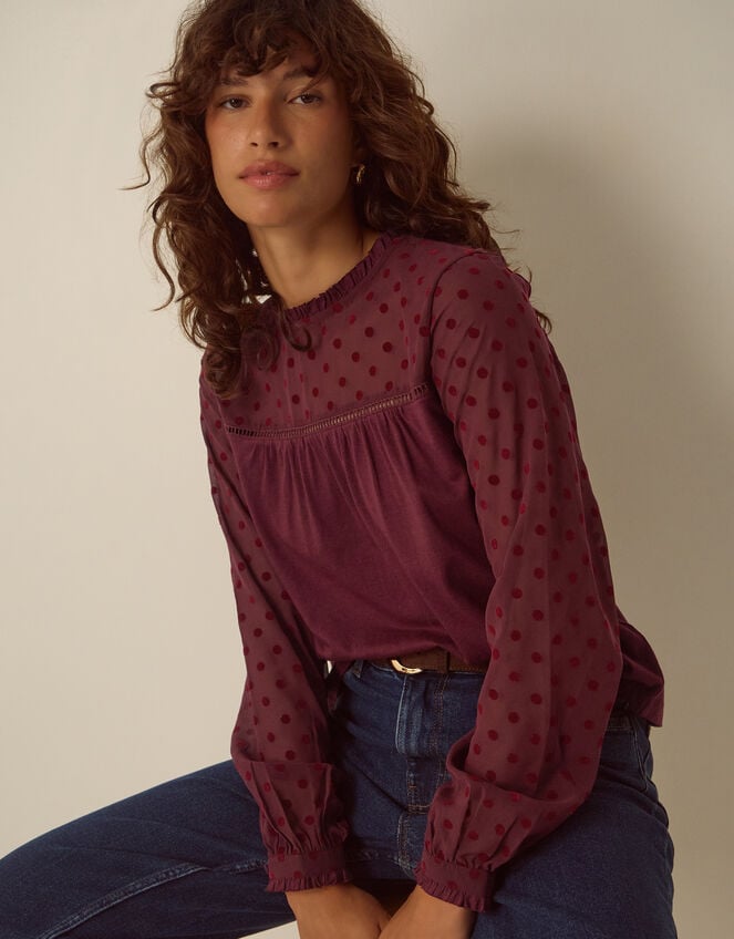 Diana Devor&eacute; Polka Dot Jersey Top, Red (BURGUNDY), large