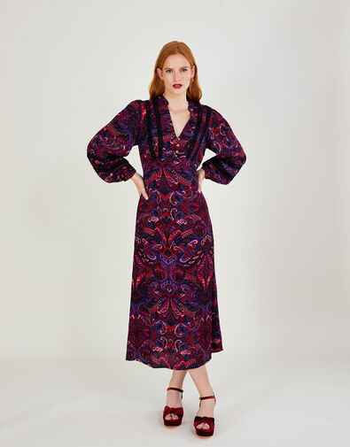 Paisley Print Lace Trim Midi Dress, Black (BLACK), large