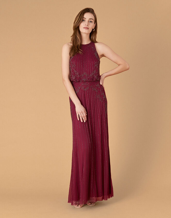 Belle Bead Embellished Maxi Dress in Recycled Fabric, Red (BERRY), large