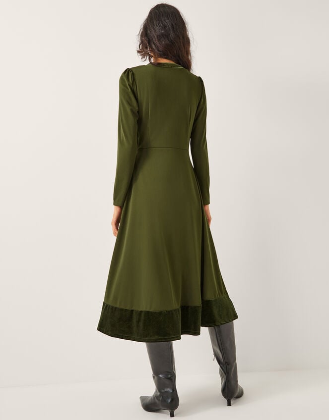 Viv Velvet Trim Long Sleeve Midi Dress, Green (KHAKI), large