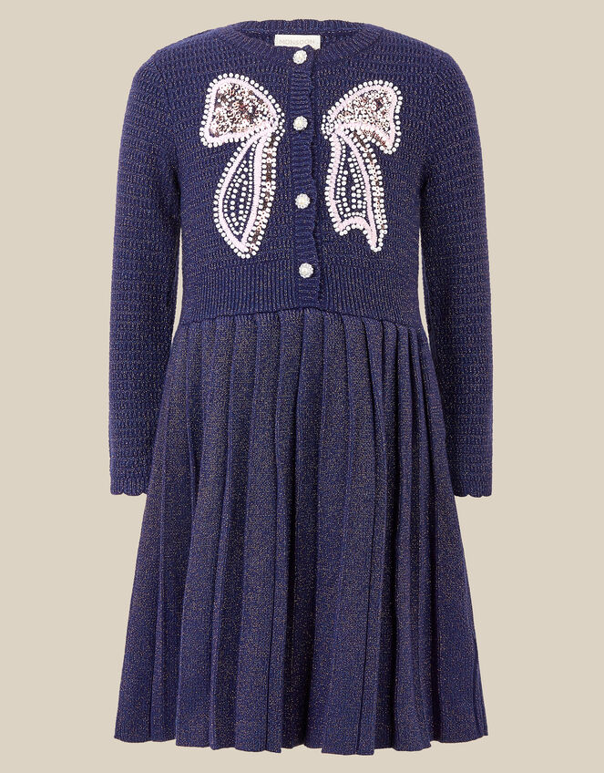 Embellished Bow Knitted Dress, Blue (NAVY), large