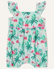 Baby Flamingo Print Romper in Linen Blend, Blue (AQUA), large