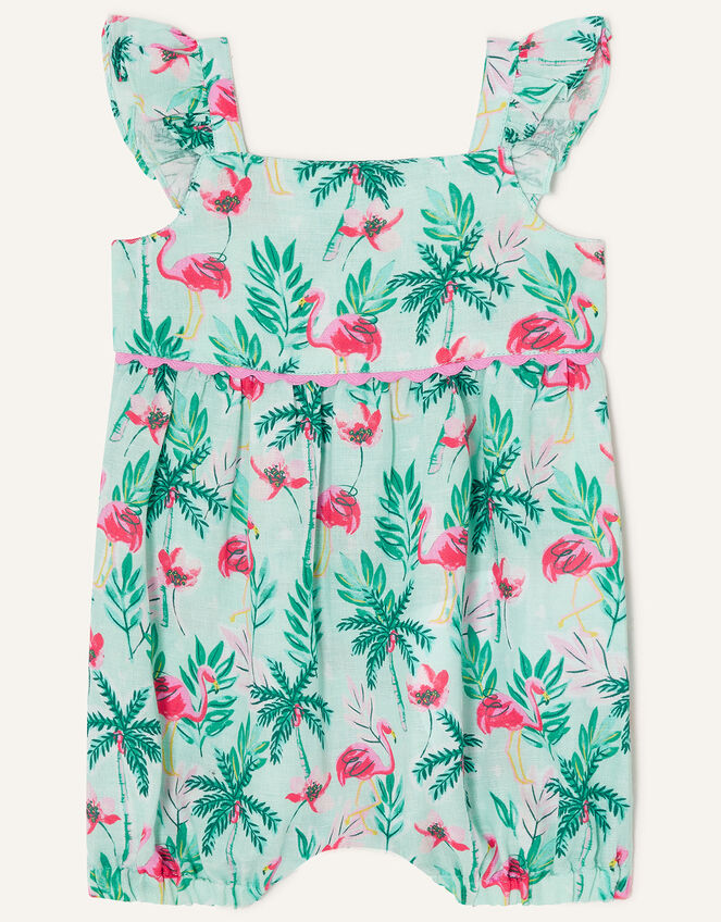 Baby Flamingo Print Romper in Linen Blend, Blue (AQUA), large