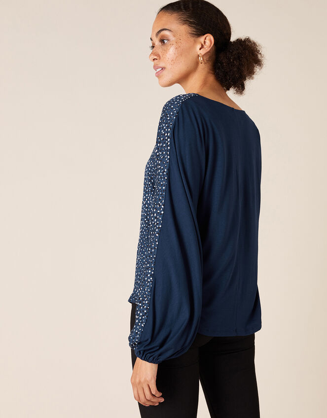 Ditsy Print Woven Front Jersey Top, Blue (NAVY), large