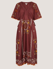 Greta Short Sleeve Embroidered Midi Dress, Brown (BROWN), large
