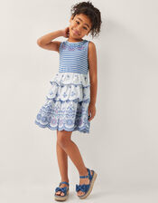Broderie Stripe Tiered Dress, Blue (BLUE), large