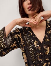 Rosaleigh V-Neck Floral Midi Dress, Black (BLACK), large