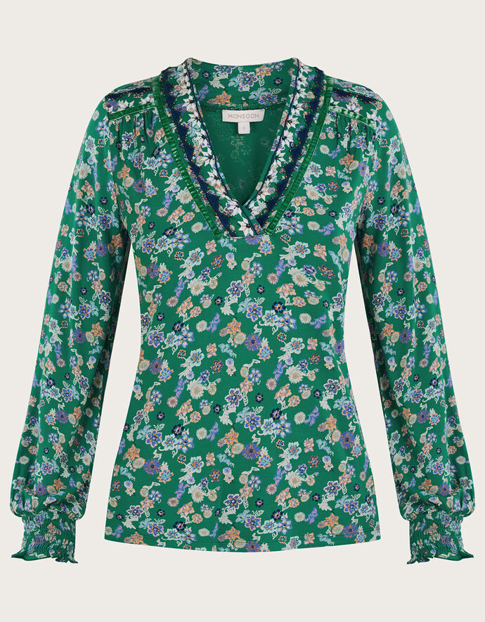 Ditsy Embellished Shirred Jersey Top Green Blouses & Shirts Monsoon UK.