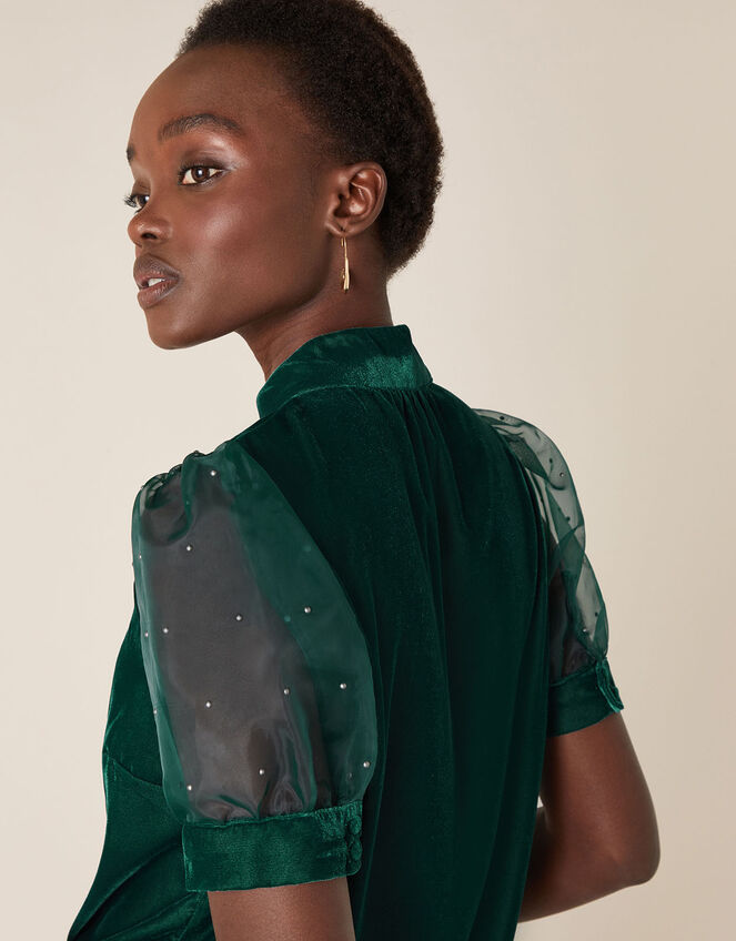 Organza Sleeve Velvet Top, Green (DARK GREEN), large