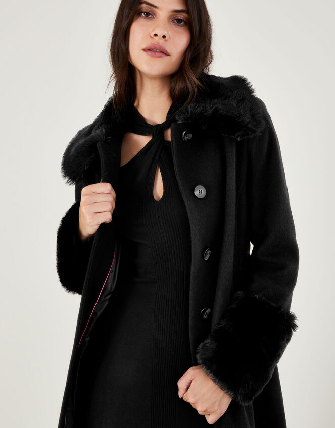 Felicity Faux Fur Trim Belted Wool Blend Coat, Black (BLACK), large