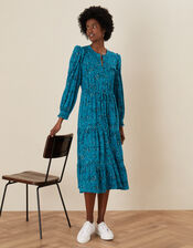 Lilianna Printed Jersey Tiered Dress, Blue (TURQUOISE), large
