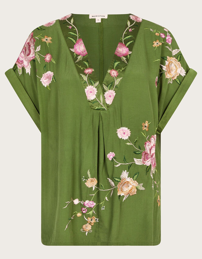 Alice Floral Embroidered V-Neck Blouse Green | Tops & T-shirts ...