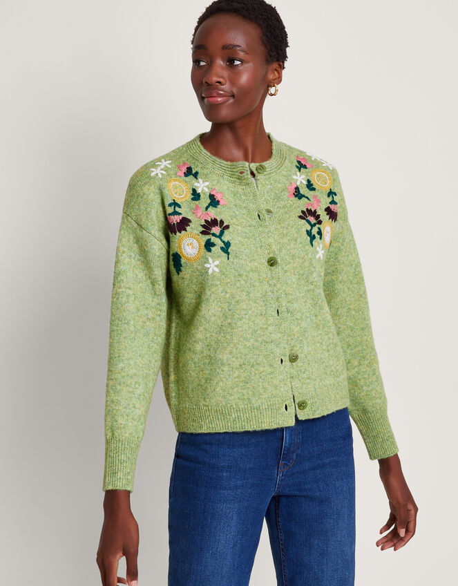 Fay Floral Embroidered Cardigan, Green (GREEN), large