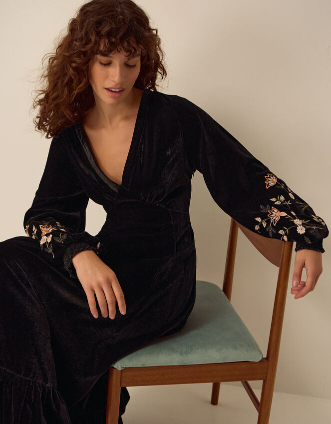 Clemence Constance V-Neck Floral Embroidered Velvet Midi Dress, Black (BLACK), large
