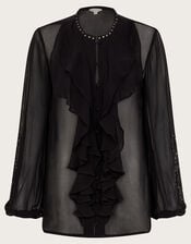 Saskia Stud Ruffle Blouse, Black (BLACK), large
