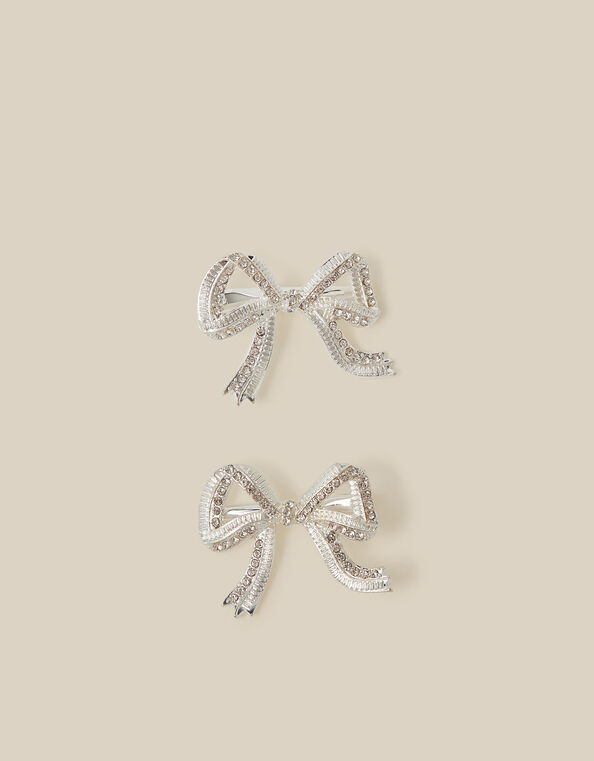 2-Pack Embellished Bow Hair Clips, Silver (SILVER), large