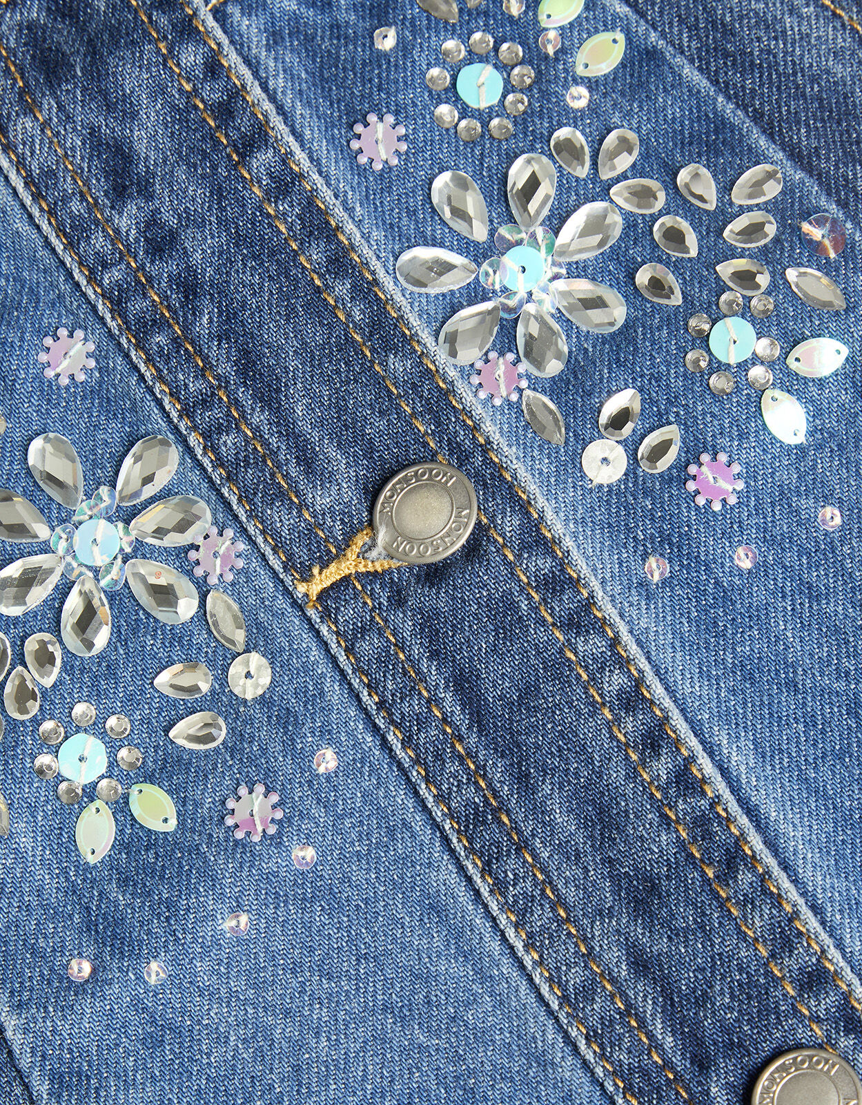 Gemstone Embellished Denim Pinny Dress Blue