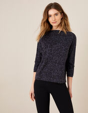 LOUNGE Animal Print Gold Button Top, Grey (GREY), large