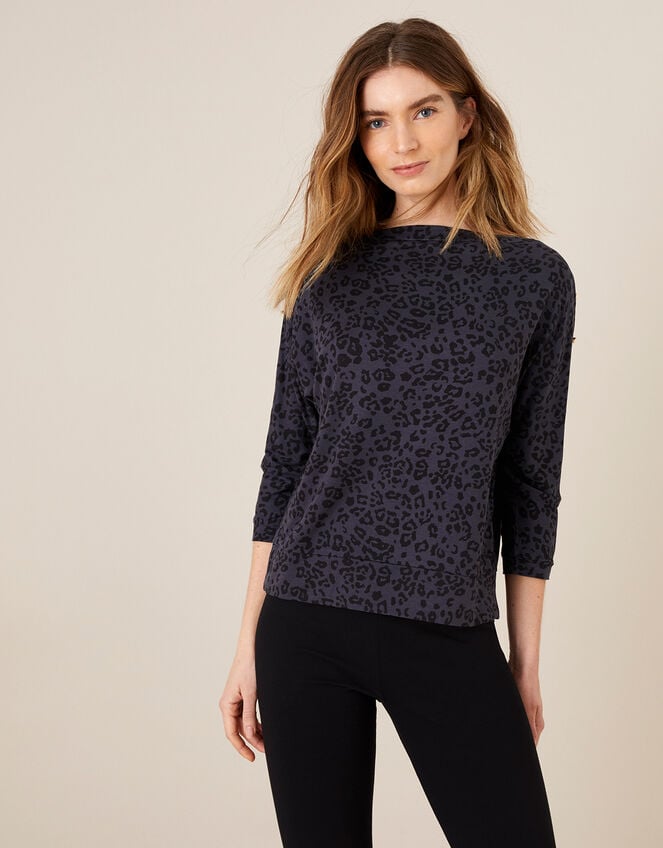 LOUNGE Animal Print Gold Button Top, Grey (GREY), large