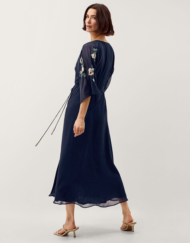 Clara Floral Embellished Midi Wrap Dress, Blue (NAVY), large