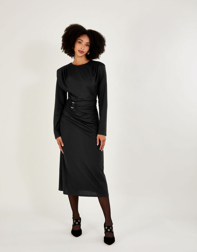 Belted Ring Detail Jersey Dress, Black (BLACK), large