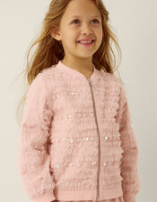 Carolyn Embellished Ruffle Bomber Jacket, Pink (PINK), large