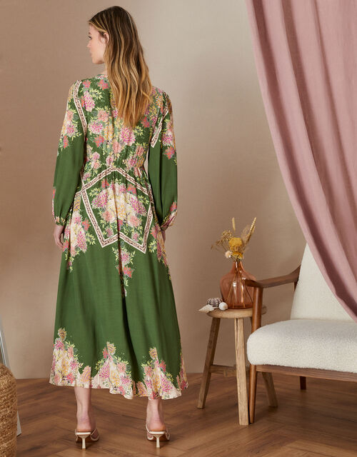 Sophia Scarf Print Midi Dress in Sustainable Viscose, Green (GREEN), large
