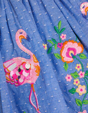 Flamingo Embellished Chambray Skirt, Blue (BLUE), large