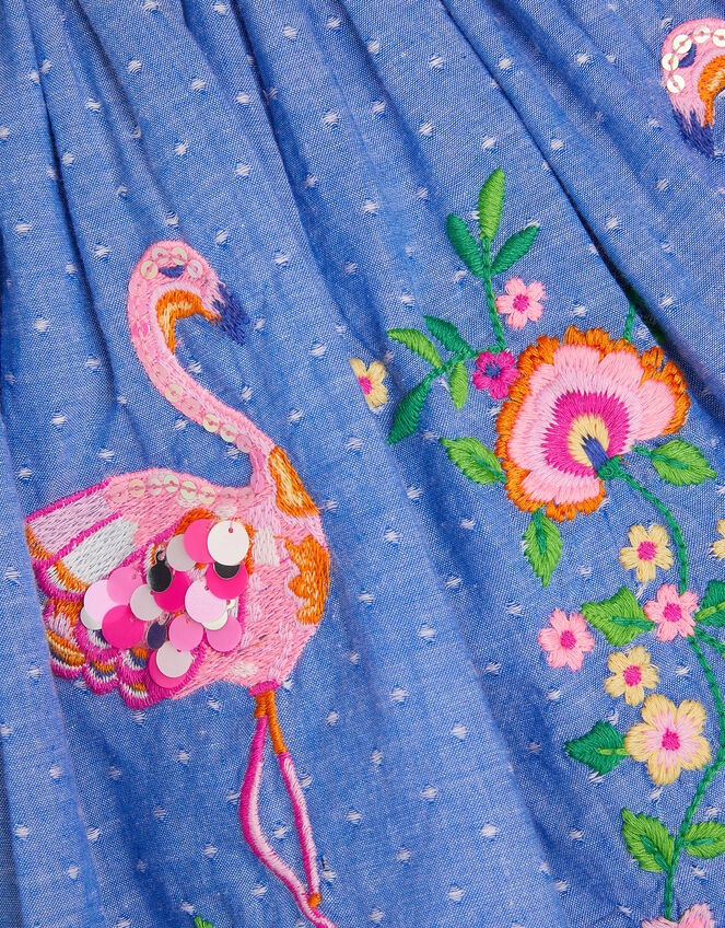 Flamingo Embellished Chambray Skirt, Blue (BLUE), large
