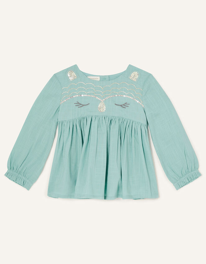 Baby Owl Woven Top and Leggings Set, Blue (AQUA), large