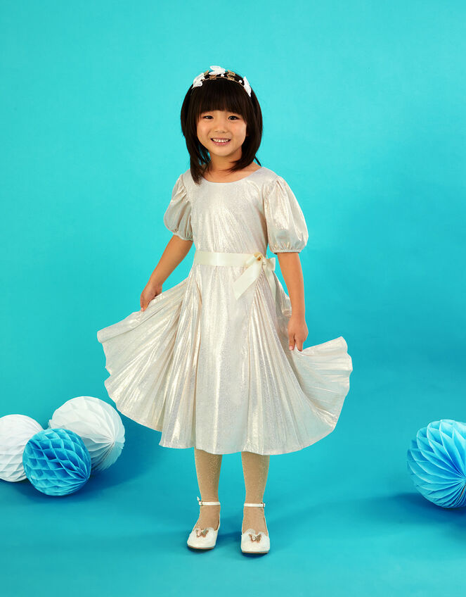 Rya Foil Pleated Dress, Gold (GOLD), large