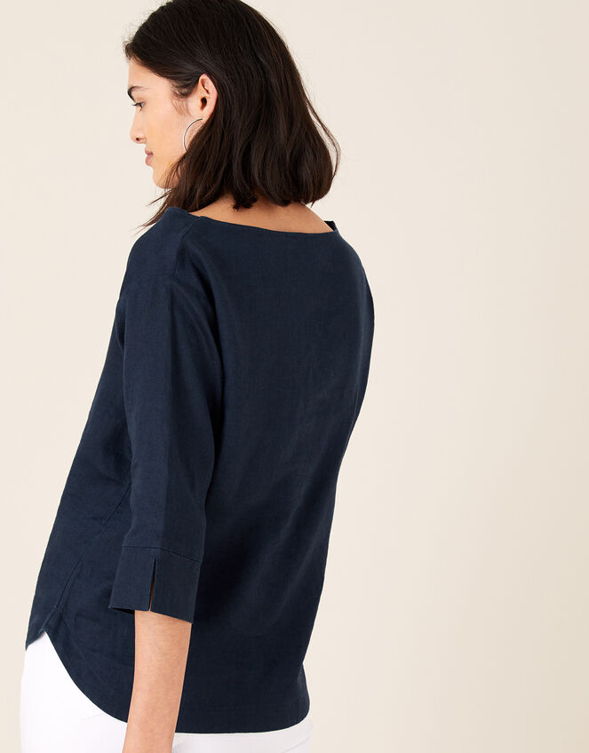 Daisy Plain T-Shirt in Pure Linen, Blue (NAVY), large