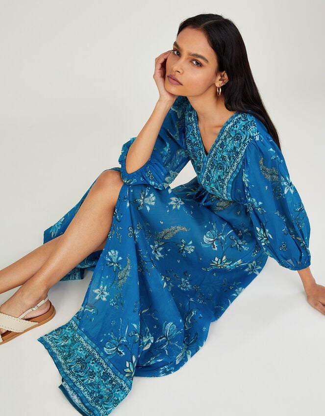 Floral Print Border Maxi Dress in Sustainable Cotton, Blue (BLUE), large