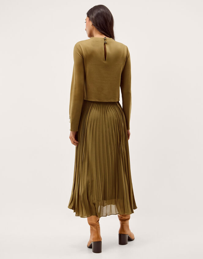 Penny Pleated Midi Dress, Green (OLIVE), large