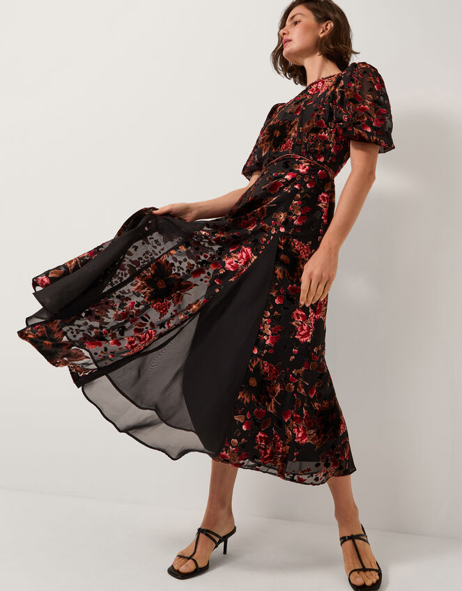 Carolyn Floral Devor&eacute; Midi Dress, Black (BLACK), large