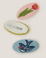 3-Pack Embroidered Hair Clips, , large