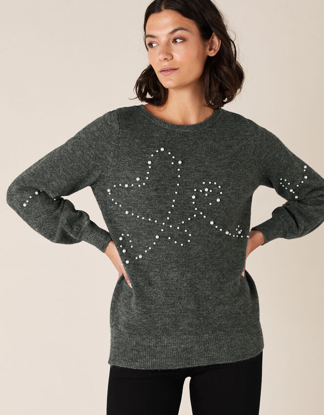 Pearl Heart Knit Jumper, Grey (CHARCOAL), large