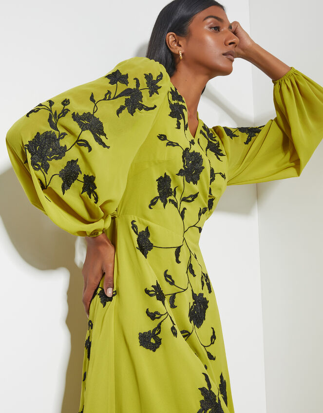 Willa Floral Embroidered Midi Wrap Dress, Green (CHARTREUSE), large