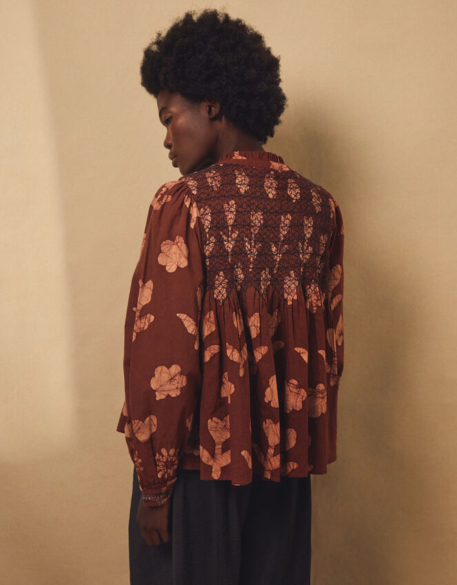 East Zena Hand-Batik Smocked Blouse, Brown (BROWN), large
