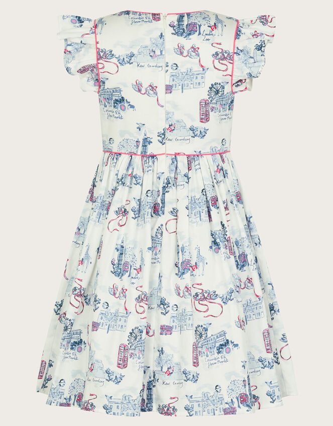 London Print Frilly Cotton Dress, White (WHITE), large