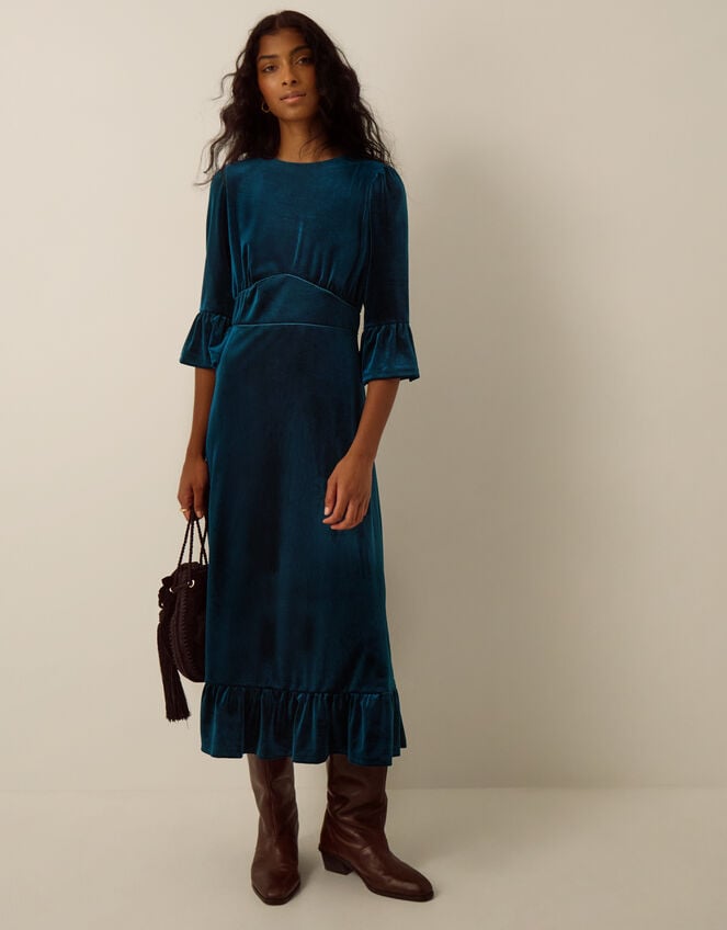 Valda Frill Velvet Jersey Midi Dress, Teal (TEAL), large